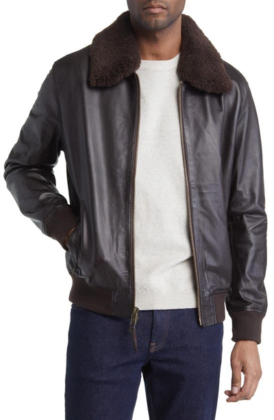 Frye Leather Bomber Jacket With Removable Faux Shearling Collar In Dark Brown