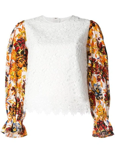 Msgm Floral Sleeve Lace Top In White
