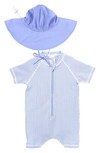 Ruggedbutts Babies' Seersucker One-piece Swimsuit & Sun Hat Set In Blue
