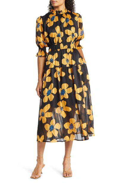 Melloday Floral Puff Sleeve Pleated Maxi Dress In Black Yellow | ModeSens
