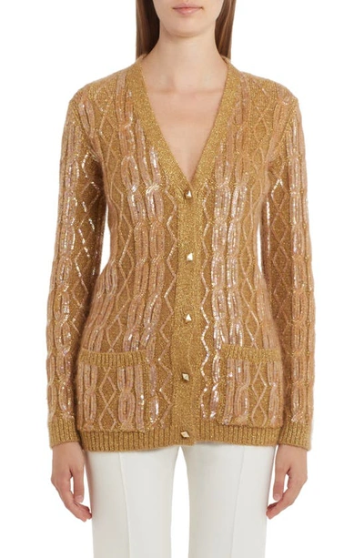 Valentino Embroidered Metallic Mohair Cardigan In Camel/gold