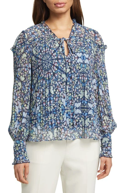 Ted Baker Florrei Printed Ruffled Tie Neck Blouse In Blue