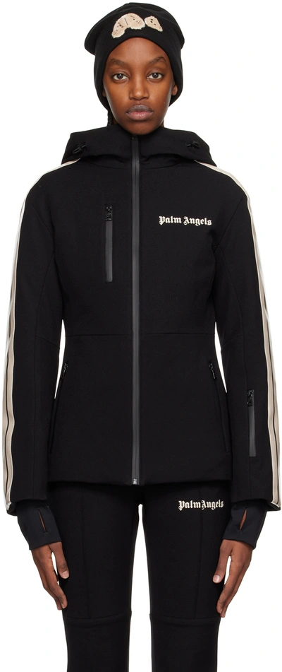 Palm Angels Black Logo Print Track Ski Jacket In Black White