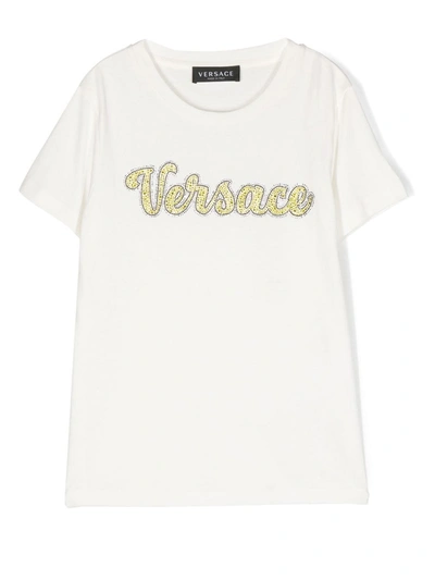 Versace Crystal-embellished Logo T-shirt In White