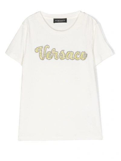 Versace Kids' Crystal-embellished Logo T-shirt In White