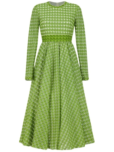 Giambattista Valli Trellis Embroidered Macramé Trim Long Sleeve Fit & Flare Midi Dress In Green