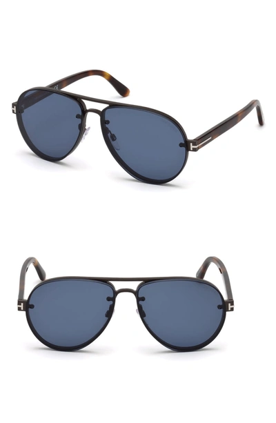 Tom Ford Alexei 62mm Oversize Aviator Sunglasses - Shiny Dark Ruthenium / Blue