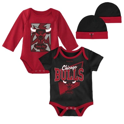 Mitchell & Ness Babies' Infant  Black/red Chicago Bulls Hardwood Classics Bodysuits & Cuffed Knit Hat Set