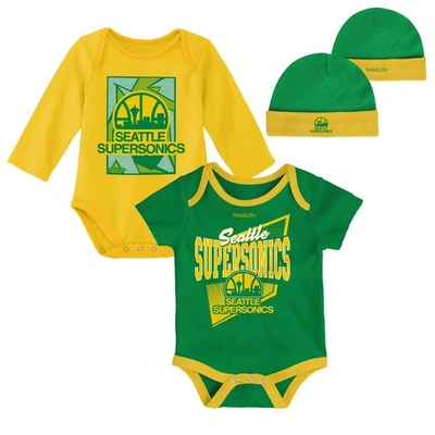 Mitchell & Ness Babies' Newborn & Infant  Green/gold Seattle Supersonics 3-piece Hardwood Classics Bodysuits In Green,gold