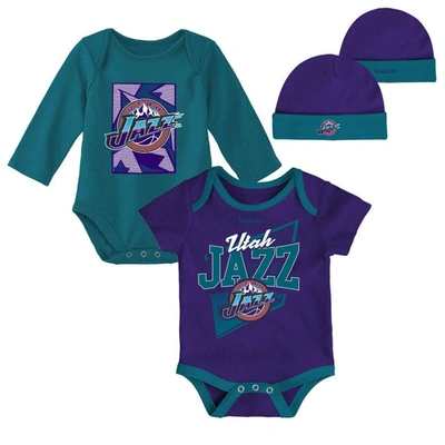 Mitchell & Ness Babies' Infant Boys And Girls  Purple, Teal Utah Jazz Hardwood Classics Bodysuits And Cuffed In Purple,teal