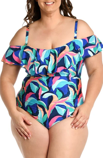 La Blanca Painted Cold Shoulder One-piece Swimsuit In Blue Multi