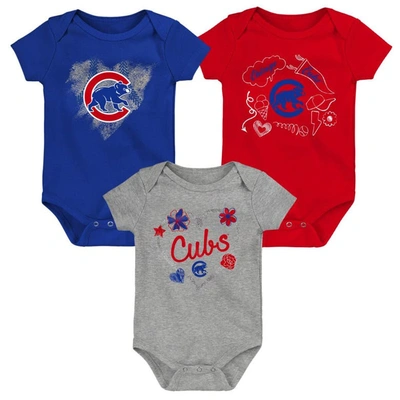 Outerstuff Babies' Infant Boys And Girls Royal, Red, Gray Chicago Cubs Batter Up 3-pack Bodysuit Set In Royal,red