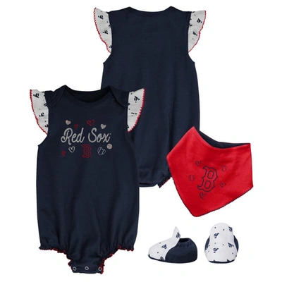 Outerstuff Babies' Girls Newborn And Infant Navy Boston Red Sox 3-piece Home Plate Bodysuit Bib And Booties Set