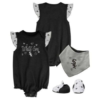 Outerstuff Babies' Girls Newborn And Infant Black Chicago White Sox 3-piece Home Plate Bodysuit, Bib And Booties Set