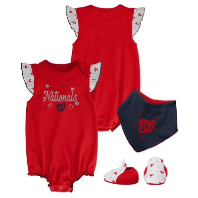 Outerstuff Babies' Girls Newborn And Infant Red Washington Nationals 3-piece Home Plate Bodysuit, Bib And Booties Set