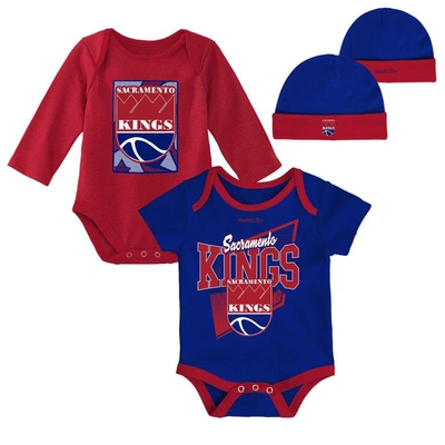 Mitchell & Ness Babies' Newborn & Infant  Blue/red Sacramento Kings 3-piece Hardwood Classics Bodysuits & Cuf In Blue,red
