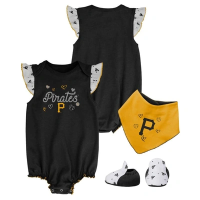 Outerstuff Babies' Girls Newborn And Infant Black Pittsburgh Pirates 3-piece Home Plate Bodysuit Bib And Booties Set