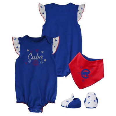 Outerstuff Babies' Girls Newborn And Infant Royal Chicago Cubs 3-piece Home Plate Bodysuit Bib And Booties Set