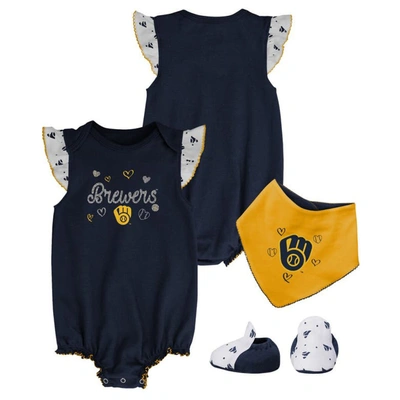 Outerstuff Babies' Girls Newborn And Infant Navy Milwaukee Brewers 3-piece Home Plate Bodysuit, Bib And Booties Set