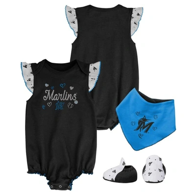 Outerstuff Babies' Girls Newborn And Infant Black Miami Marlins 3-piece Home Plate Bodysuit Bib And Booties Set