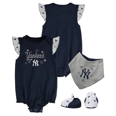 Outerstuff Babies' Girls Newborn And Infant Navy New York Yankees 3-piece Home Plate Bodysuit Bib And Booties Set