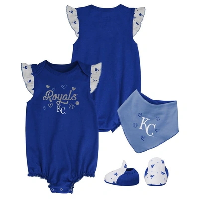 Outerstuff Babies' Girls Newborn And Infant Royal Kansas City Royals 3-piece Home Plate Bodysuit Bib And Booties Set