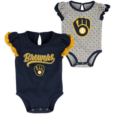 Outerstuff Babies' Girls Newborn & Infant Navy/heathered Gray Milwaukee Brewers Scream & Shout Two-pack Bodysuit Set