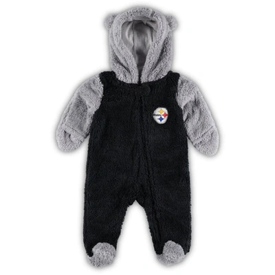 Outerstuff Babies' Newborn Infant Boys And Girls Black, Gray Pittsburgh Steelers Game Nap Teddy Fleece Bunting Full-zip In Black,gray