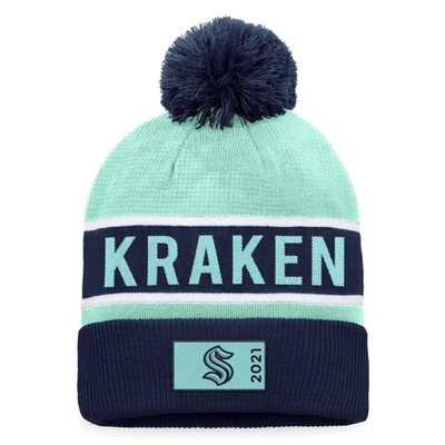 Fanatics Branded Deep Sea Blue/light Blue Seattle Kraken Authentic Pro Rink Cuffed Knit Hat With Pom In Deep Sea Blue,light Blue