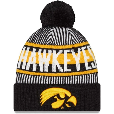New Era Black Iowa Hawkeyes Logo Striped Cuff Knit Hat With Pom