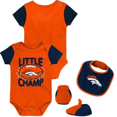 Outerstuff Babies' Newborn And Infant Boys And Girls Orange, Navy Denver Broncos Little Champ Three-piece Bodysuit Bib In Orange,navy