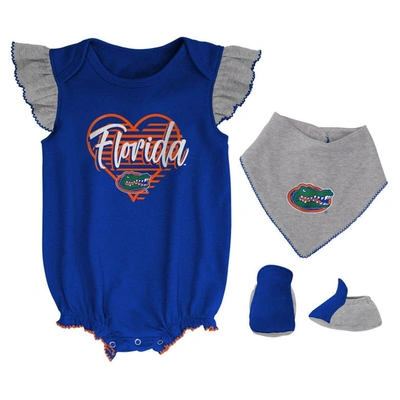 Outerstuff Babies' Girls Newborn And Infant Royal, Heather Gray Florida Gators All The Love Bodysuit Bib And Booties Se In Royal,heather Gray