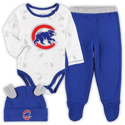 Outerstuff Babies' Newborn And Infant Boys And Girls Royal, White Chicago Cubs Dream Team Bodysuit Hat And Footed Pants In Royal,white