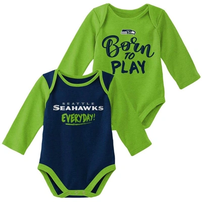 Outerstuff Babies' Newborn & Infant Neon Green/college Navy Seattle Seahawks Little Player Long Sleeve 2-pack Bodysuit In Neon Green,college Navy