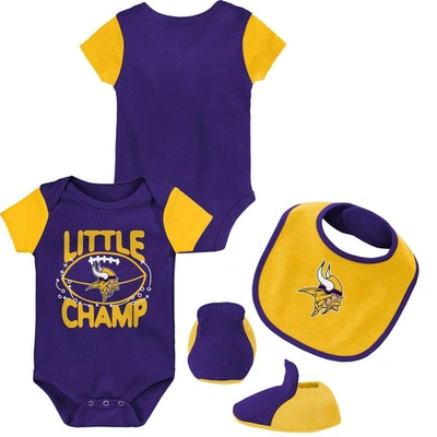 Outerstuff Babies' Newborn And Infant Boys And Girls Purple, Gold Minnesota Vikings Little Champ Three-piece Bodysuit B
