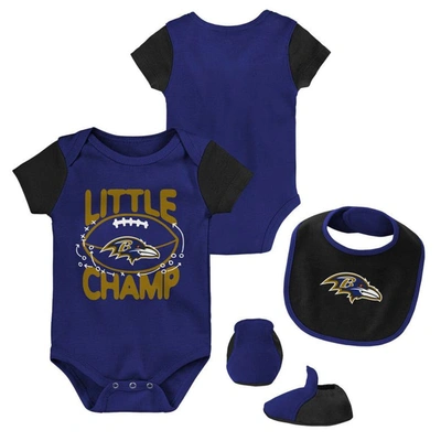 Outerstuff Babies' Newborn And Infant Boys And Girls Purple, Black Baltimore Ravens Little Champ Three-piece Bodysuit B In Purple,black