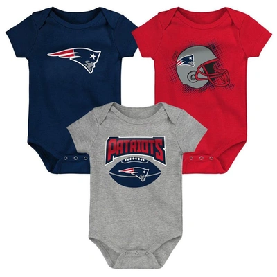 Outerstuff Babies' Infant Boys And Girls Navy, Red, Heathered Gray New England Patriots 3-pack Game On Bodysuit Set In Navy,red,heathered Gray