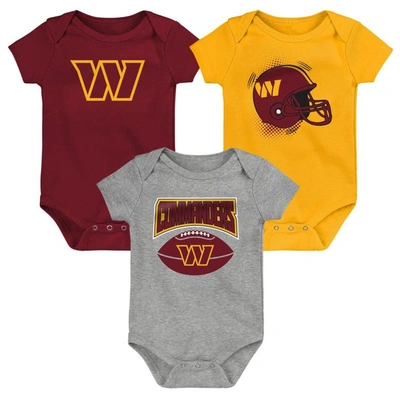 Outerstuff Babies' Infant Burgundy/gold/heathered Gray Washington Commanders 3-pack Game On Bodysuit Set