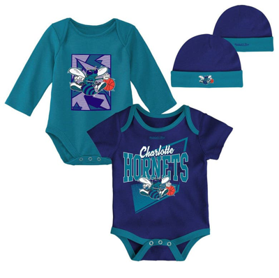 Mitchell & Ness Babies' Newborn & Infant  Purple/teal Charlotte Hornets 3-piece Hardwood Classics Bodysuits & In Purple,teal