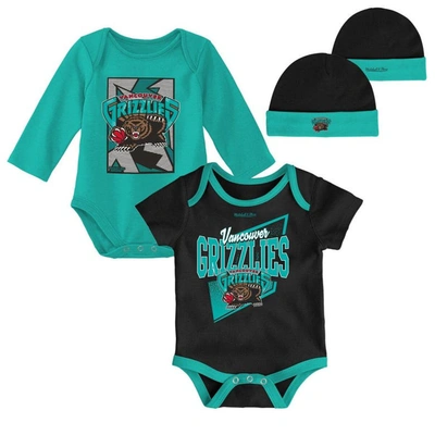 Mitchell & Ness Babies' Newborn & Infant  Black/turquoise Vancouver Grizzlies 3-piece Hardwood Classics Bodys In Black,turquoise