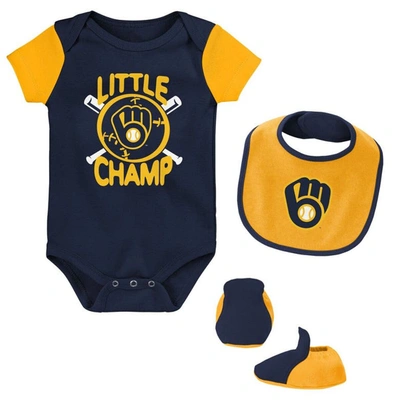 Outerstuff Babies' Newborn & Infant Navy/gold Milwaukee Brewers Little Champ Three-pack Bodysuit Bib & Booties Set