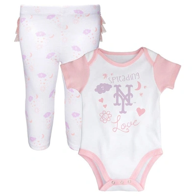 Outerstuff Babies' Newborn & Infant White/pink New York Mets Spreading Love Bodysuit & Tutu With Leggings Set