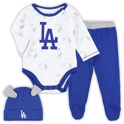 Outerstuff Babies' Newborn And Infant Boys And Girls Royal, White Los Angeles Dodgers Dream Team Bodysuit Hat And Foote In Royal,white