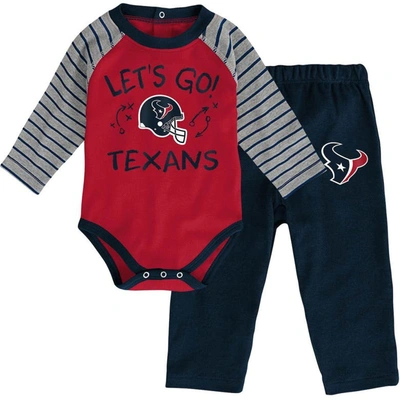 Outerstuff Babies' Infant Boys And Girls Red, Navy Houston Texans Touchdown Raglan Long Sleeve 2 Piece Bodysuit And Pan In Red,navy