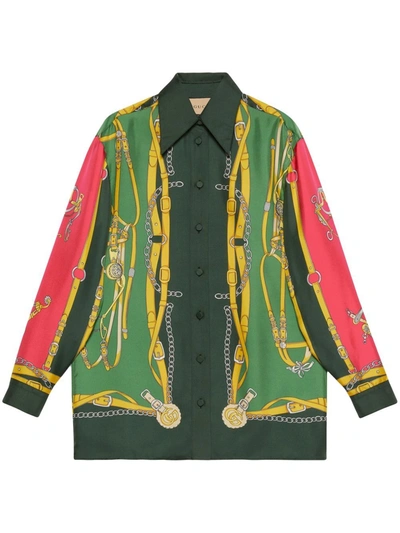 Gucci Harness And Double G Silk Shirt In Green