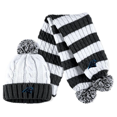 Wear By Erin Andrews Black/white Carolina Panthers Cable Stripe Cuffed Knit Hat With Pom And Scarf In Black,white