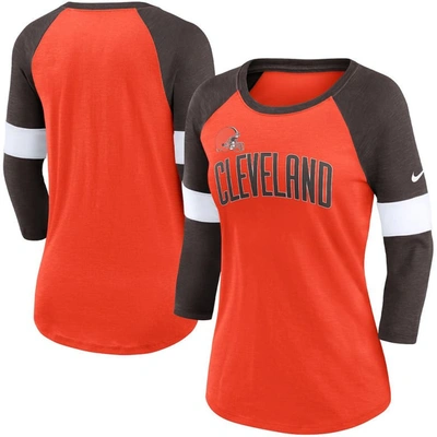 Nike Women's  Cleveland Browns Heathered Orange And Brown Football Pride Slub 3/4 Raglan Sleeve T-shi In Heathered Orange,brown