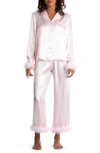 In Bloom By Jonquil Feather Trim Satin Pajamas In Powder Puff Pink