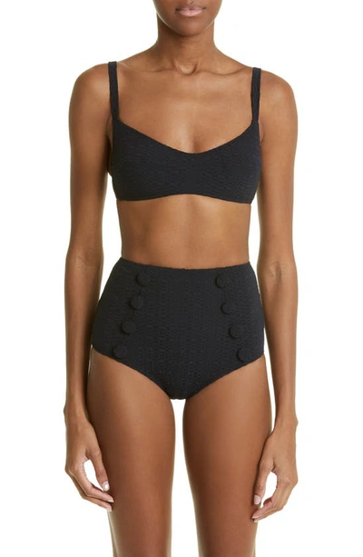 Lisa Marie Fernandez Button-embellished Seersucker Bikini In Black Seersucker