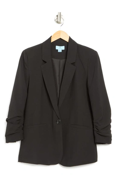 Cece Ruched Sleeve Single Button Blazer In Black 001